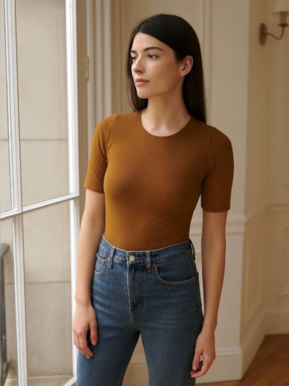 Everlane Short-Sleeve Crew Neck Bodysuit Brown Tan Size small